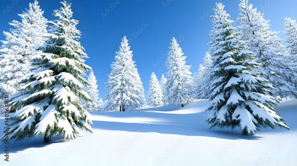 Naklejka premium Snowy Landscape with White Forest of Coniferous Trees Under a Clear Blue Sky in Winter Scene