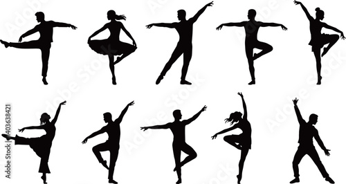 Set of black solid people dancing in different styles
