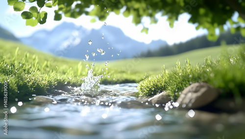 Sparkling Water Stream Flowing Through Green Meadow with Mountain Backdrop Under Sunlight in Summer
