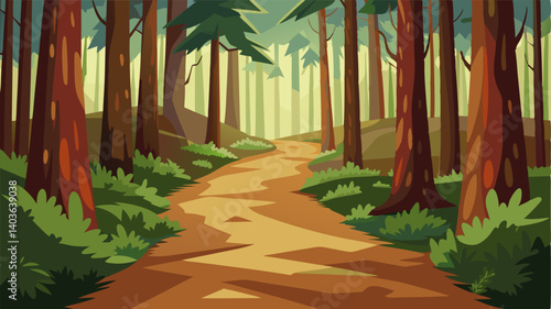 The forest floor is carpeted with fallen pine needles creating a soft and spongy footpath through the majestic trees.
