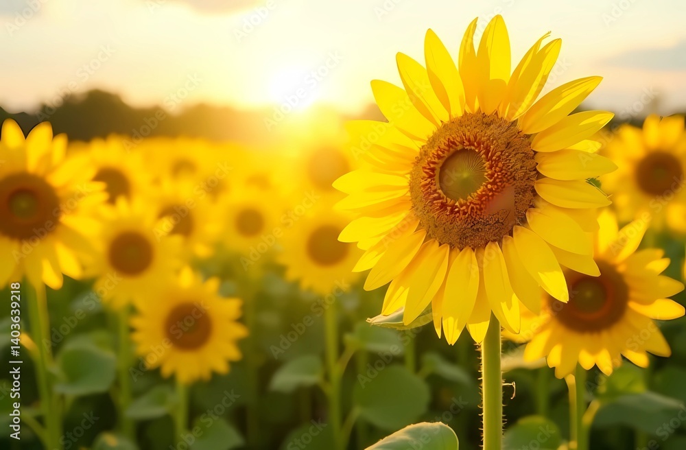 Naklejka premium A field of sunflowers in natural bright light from the sun, radiating warmth and the beginning of summer