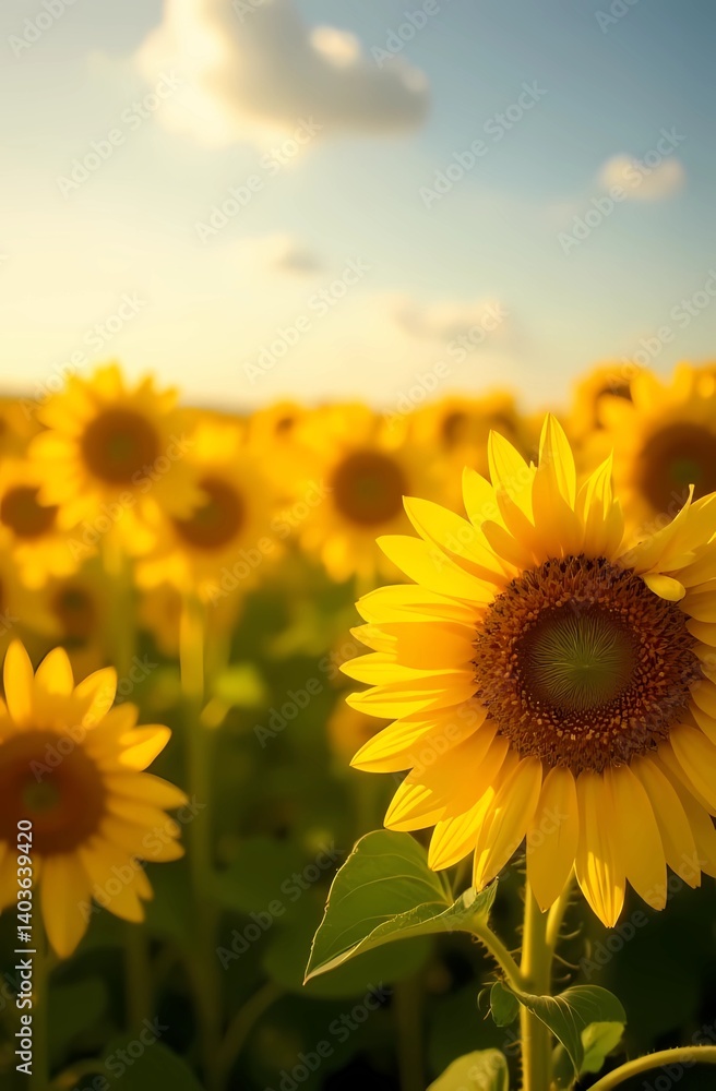 Obraz premium A field of sunflowers in natural bright light from the sun, radiating warmth and the beginning of summer