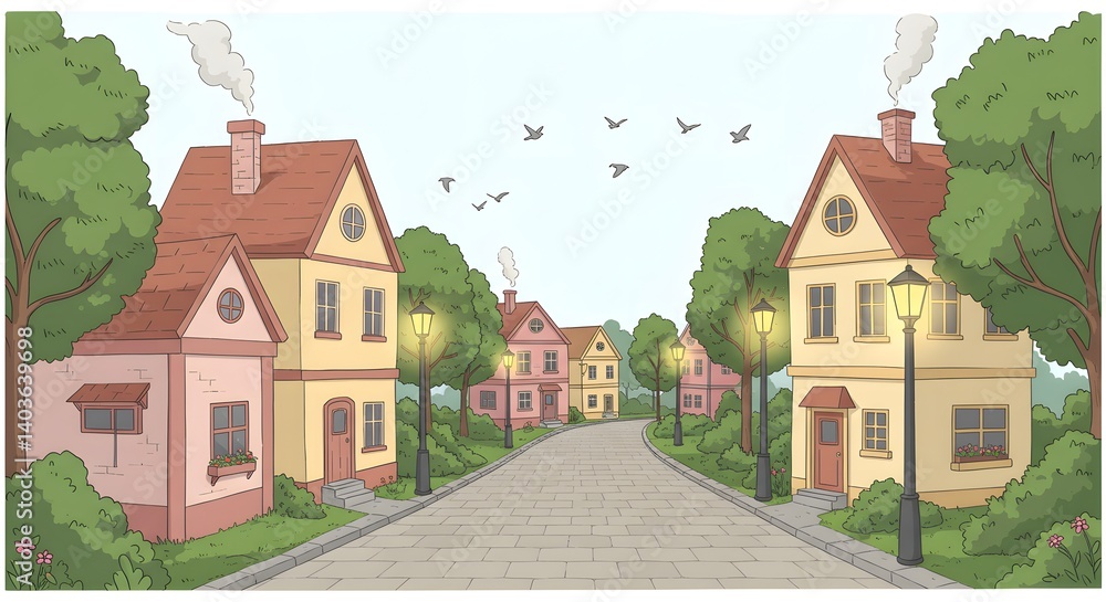 Naklejka premium A delightful cartoon illustration of a village street, lined with colorful houses and street lamps.