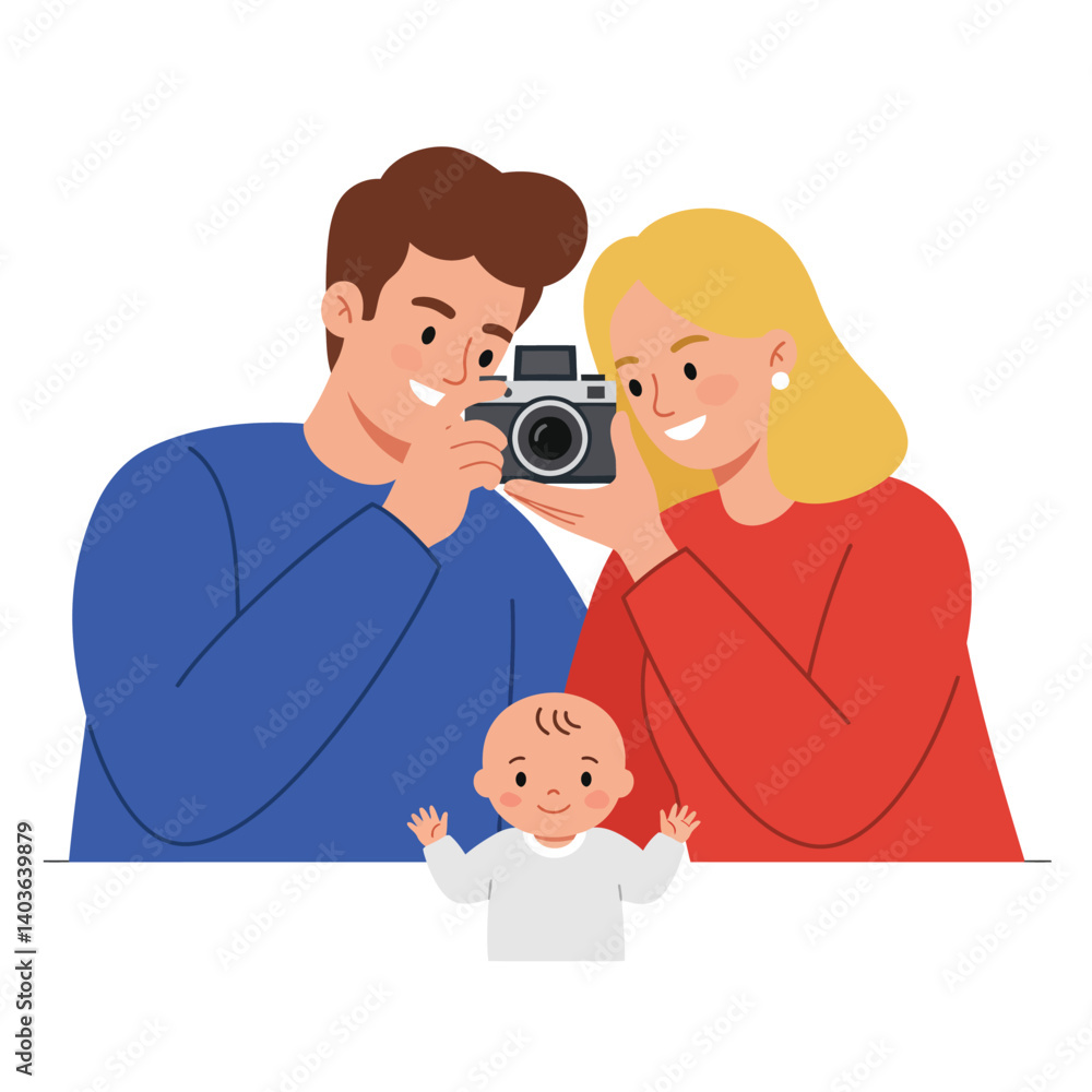 Family capturing joyful moments together in flat vector illustration Family capturing joyful moments together in flat vector illustration