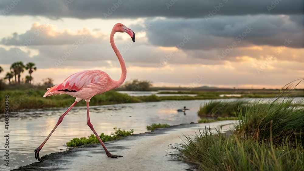 Fototapeta premium Graceful Flamingo Wading in Water – Vivid Real Life Bird Photo