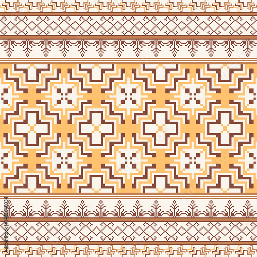  Geometric pixel art pattern. Abstract pixel art geometric pattern design for fabric, carpet, tile, clothing, embroidery, needlepoint and background. Vector pixel art seamless motif Native American.