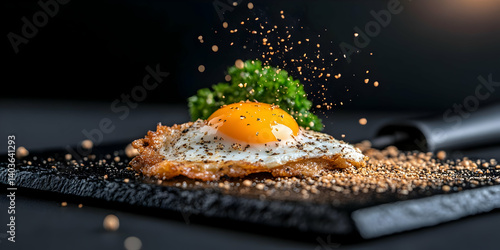 Studio Shot of Fried Egg with Yellow Yolk and Green Parsley on Dark Stone Plate Sprinkled with Grains Against Black Background