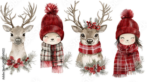 Watercolor Holiday Set Featuring Adorable Deer and Girl Characters in Winter Attire