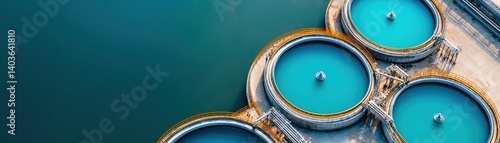 Aerial view of circular water treatment tanks, showcasing vibrant blue water against a contrasting surface, highlighting industrial design and functionality.
