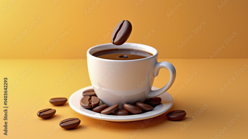 Obraz premium Cup coffee with Coffee Bean falling, 3d illustration.