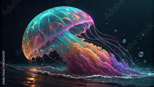 Blue jellyfish swim in the deep aquarium water, a marine creature of the sea