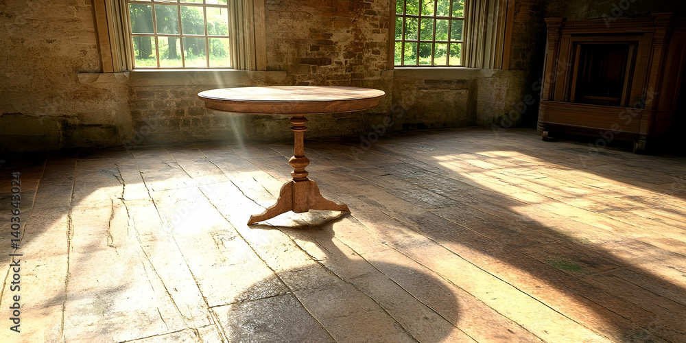 Sunlit Interior Featuring Antique Wooden Table and Stone Walls With Natural Light Streaming Through Windows