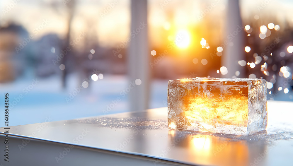 Sunlit Ice Cube on a Reflective Surface with Snowy Landscape Background in Winter