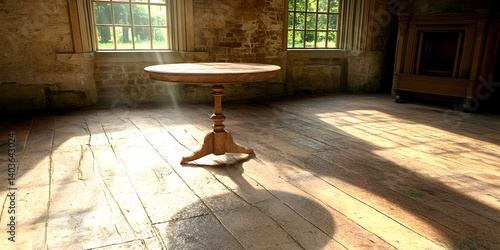 Obraz na płótnie Sunlit Interior Featuring Antique Wooden Table and Stone Walls With Natural Light Streaming Through Windows w salonie