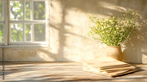 Obraz na płótnie Sunlit Interior with Daisies in Vase and Letters on Wooden Table by Window w salonie