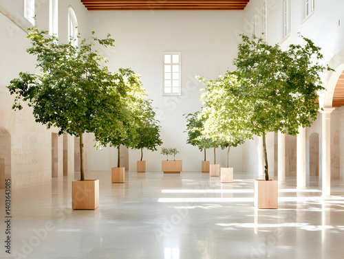 Sunlit Hallway with Trees and Wood Accents in Minimalist Indoor Architecture