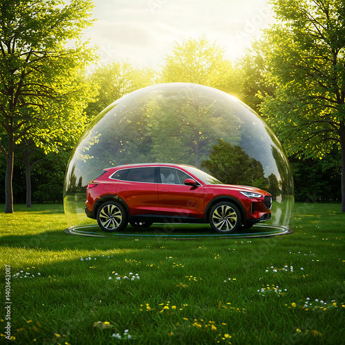 Red SUV Protected by a Transparent Sphere in a Lush Green Park