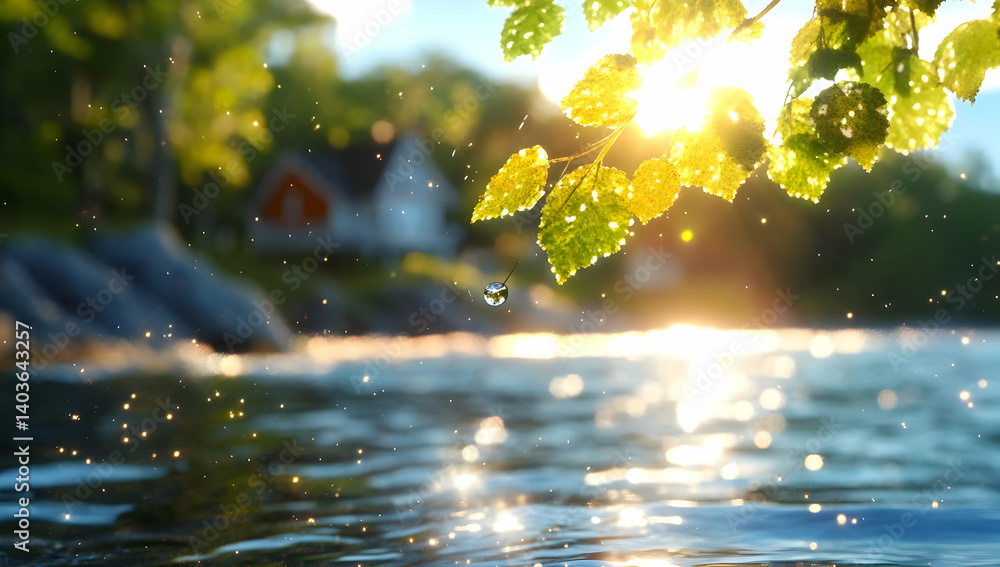 Sunlit Leaves Over Sparkling Lake with Distant Cabin at Sunset Reflecting Golden Light in Tranquil Natural Landscape