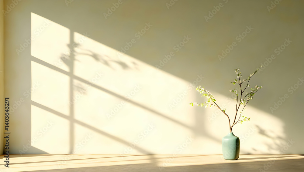Sunlit Modern Interior with Green Vase and Plant Casting Window Shadow on Wall