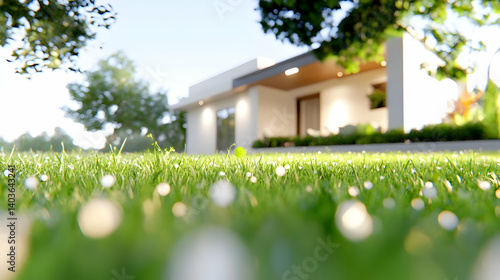 Obraz na płótnie Sunlit Modern House Exterior with Green Lawn and Landscaping in a Residential Neighborhood on a Sunny Day w salonie
