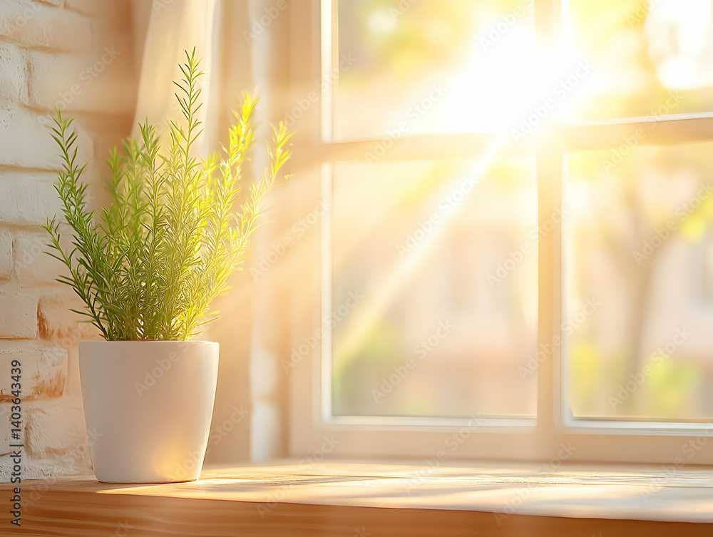 Sunlit Potted Green Plant on Window Sill with White Frame and White Brick Wall in Room Interior
