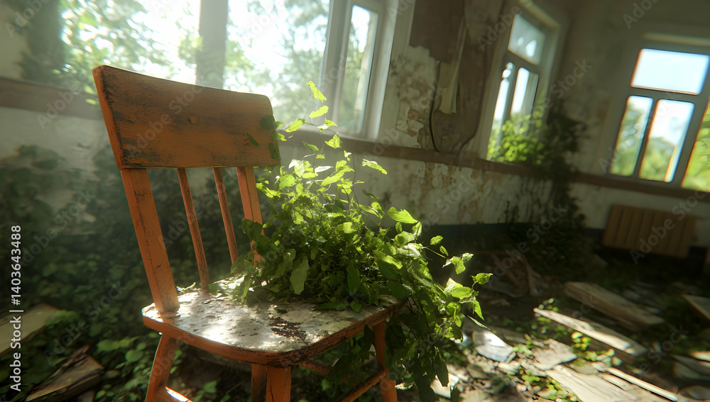 Sunlit Overgrown Orange Chair in Abandoned Building with Interior Decay and Lush Greenery