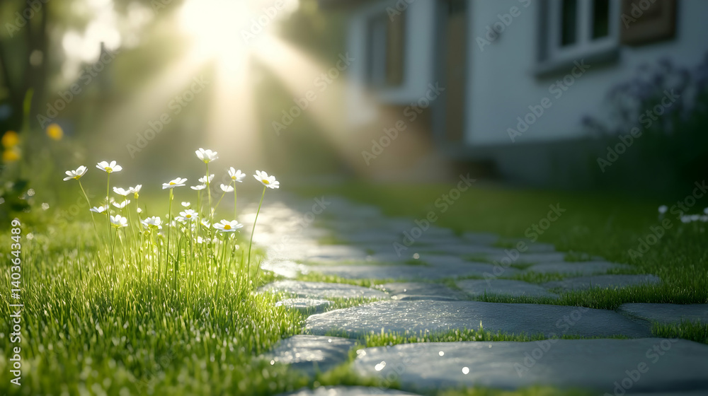 Sunlit Path Through Green Grass and Daisies Leading to House in Serene Garden Setting on a Sunny Day