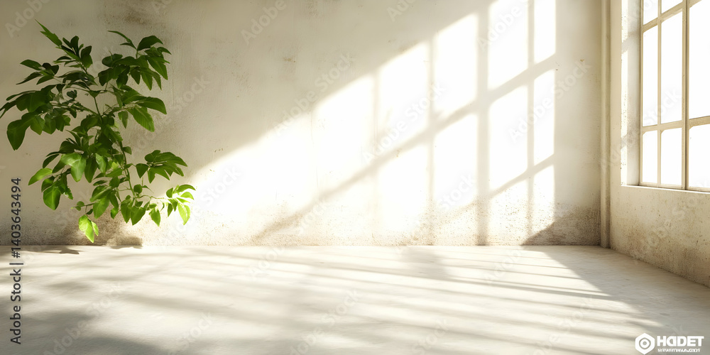 Sunlit Room Corner Featuring Green Plant Against a Textured White Wall with Window Casting Shadows on the Floor