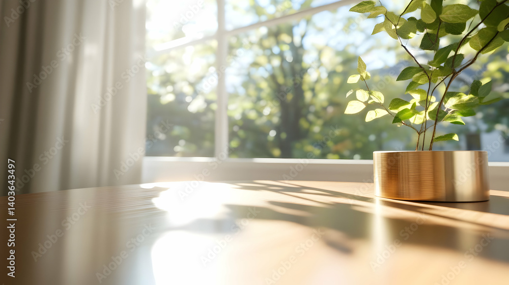 Sunlit Plant on Wooden Table Near a Window with View of Trees in Daylight