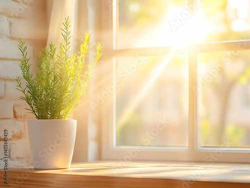 Sunlit Potted Green Plant on Window Sill with White Frame and White Brick Wall in Room Interior