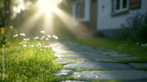 Obraz na płótnie Sunlit Path Through Green Grass and Daisies Leading to House in Serene Garden Setting on a Sunny Day w salonie