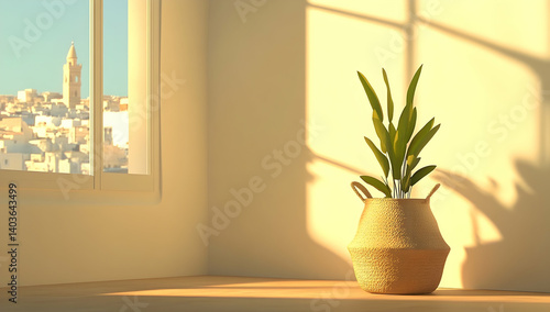 Sunlit Room Featuring Houseplant In Woven Pot With Cityscape View Through Window In Minimalist Interior Design