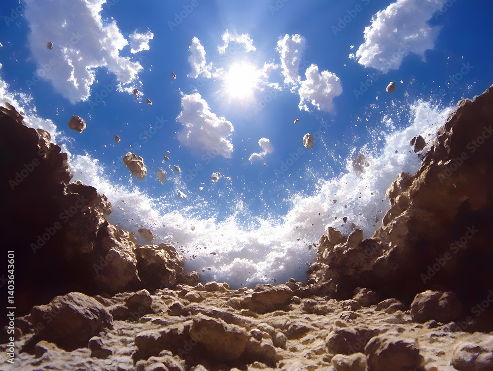 Sunlit Sky with White Clouds and Foamy Waves Breaking on Rocky Shoreline Creating Abstract Coastal Landscape