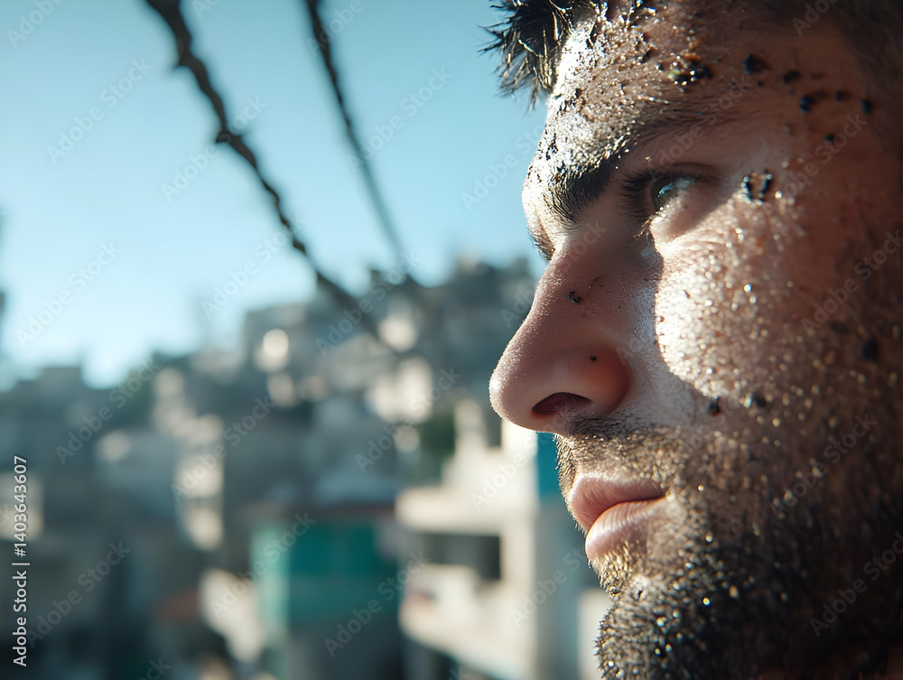 Sunlit Profile of Sand Covered Man in Urban Setting with Buildings and Clear Sky