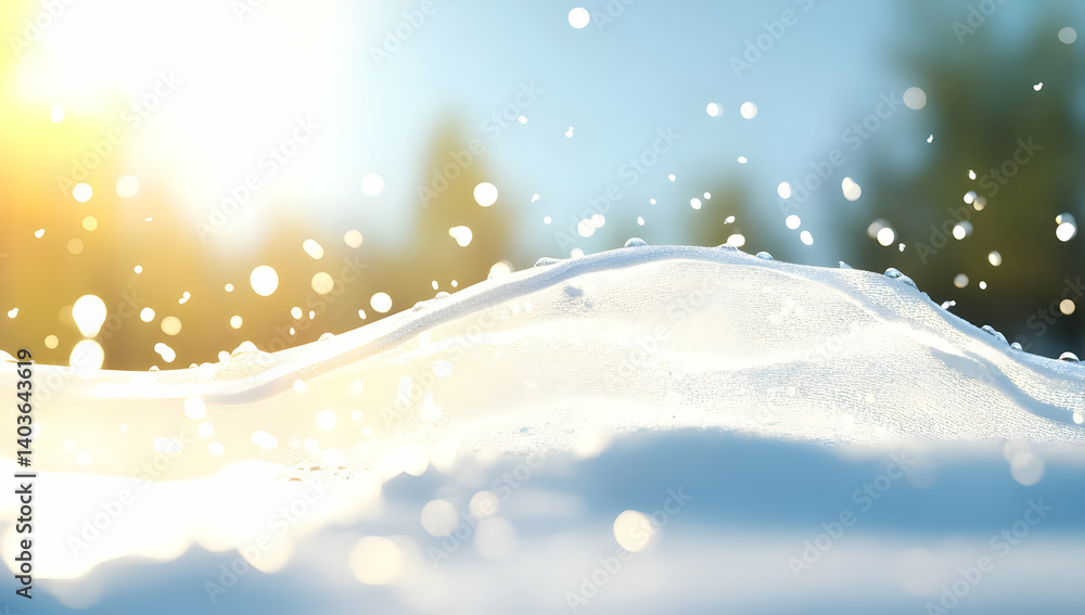 Sunlit Snowy Landscape with Blurred Trees and a Bright Blue Sky in Winter with Soft Bokeh and a Gentle Atmosphere
