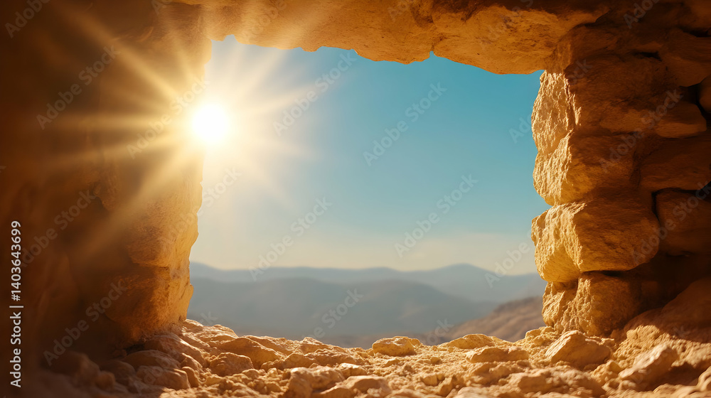 Sunlit Stone Window Overlooking a Mountain Landscape with Blue Sky and Golden Glow