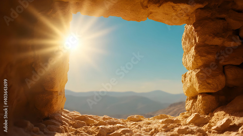 Obraz na płótnie Sunlit Stone Window Overlooking a Mountain Landscape with Blue Sky and Golden Glow w salonie