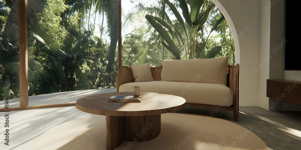 Sunlit Veranda with Arched Windows Overlooking Lush Greenery Featuring Neutral Sofa Round Coffee Table and Beige Rug