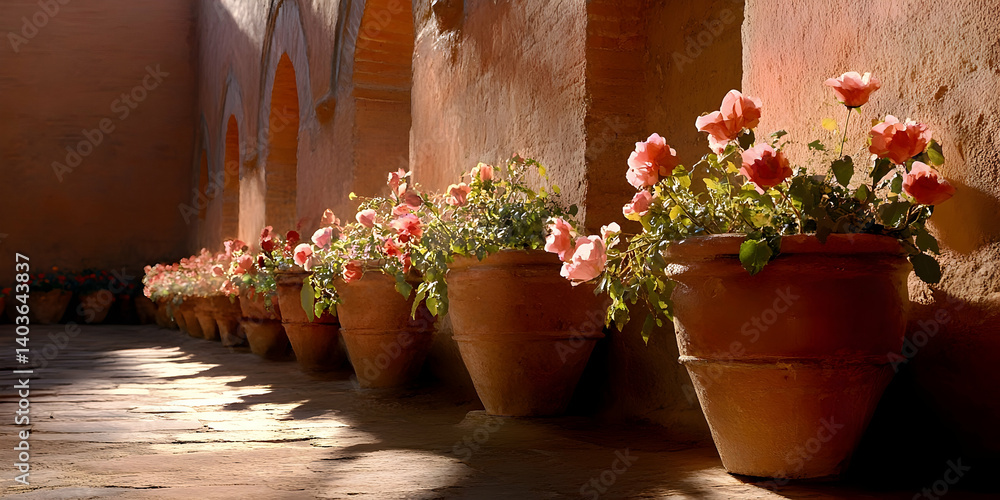 Sunlit Veranda Featuring Row Of Terracotta Pots With Pink Flowers Along Arched Windows And Warm Toned Walls In Outdoor Floral Still Life