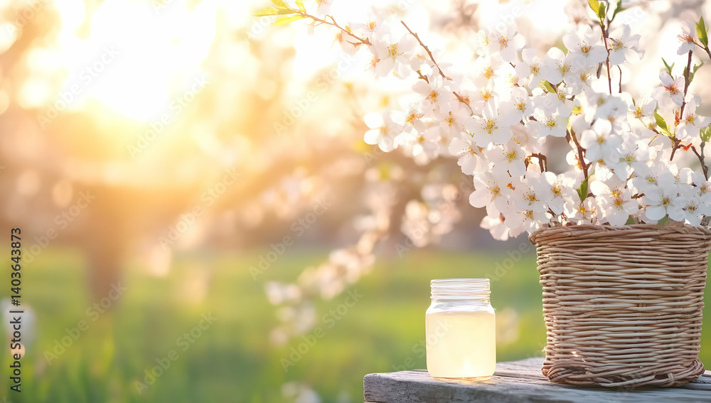 Sunlit White Blossoms in Wicker Basket with a Glass Jar on Wooden Table in a Meadow