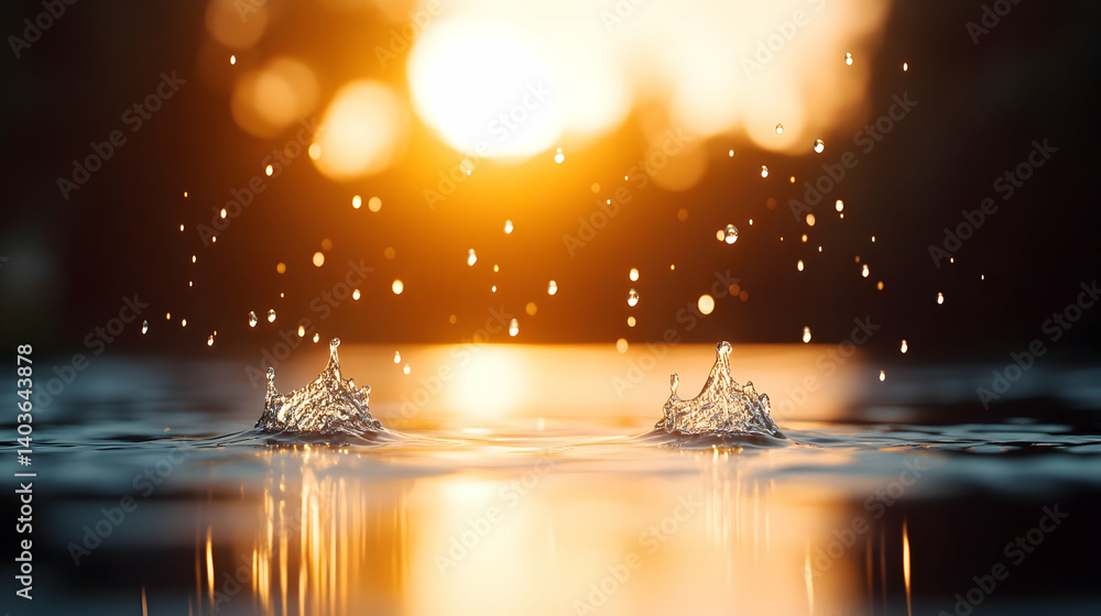 Sunlit Water Drops Creating Circular Ripples on a Water Surface with Blurred Background