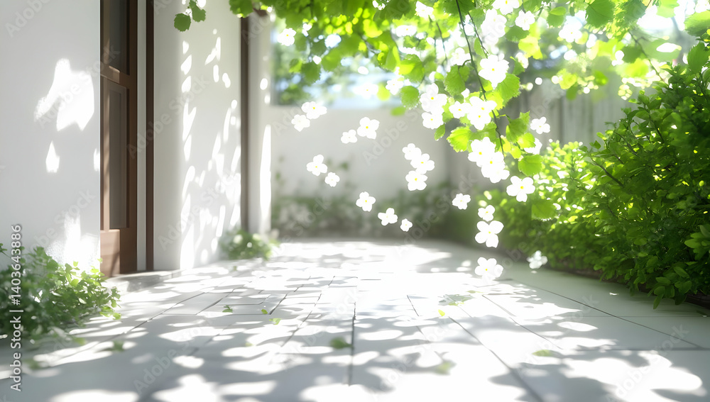 Sunlit White Modern House with Lush Greenery and Paved Courtyard with Visual Anomaly