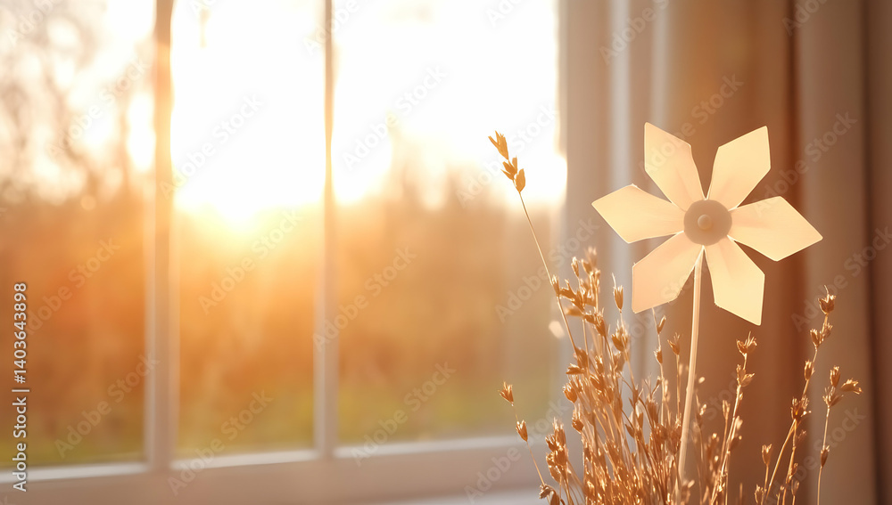 Sunlit Window with Flower Ornament and Golden Wheat Creates a Warm Cozy Home Interior Decoration