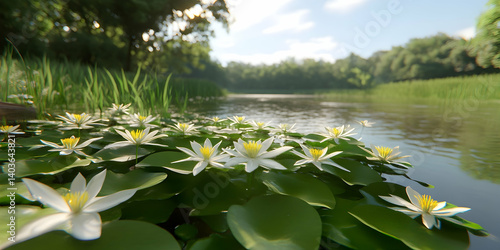 Sunlit Water Lilies Floating on a Calm Pond Surrounded by Lush Greenery Reflecting in the Clear Water on a Sunny Day