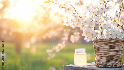 Obraz na płótnie Sunlit White Blossoms in Wicker Basket with a Glass Jar on Wooden Table in a Meadow w salonie