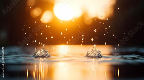 Obraz na płótnie Sunlit Water Drops Creating Circular Ripples on a Water Surface with Blurred Background w salonie