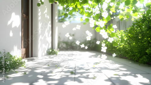 Obraz na płótnie Sunlit White Modern House with Lush Greenery and Paved Courtyard with Visual Anomaly w salonie