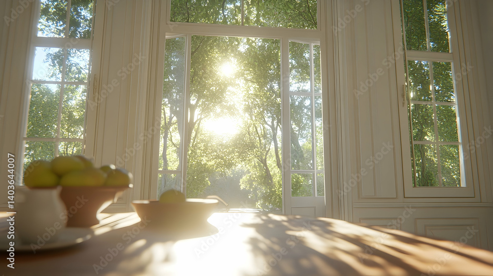 Sunlit Workspace Interior with Potted Plant Laptop and Wooden Table by Windows Warm White Room Rustic Wooden Table with Fruits