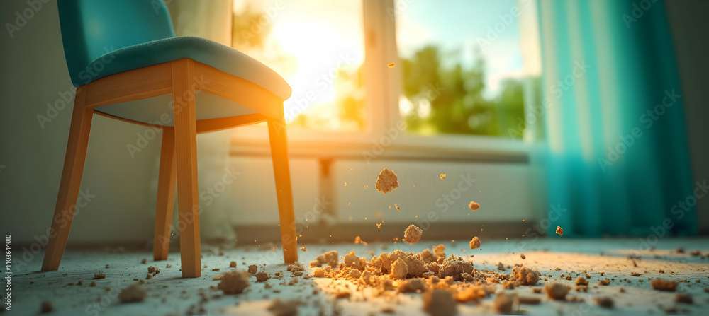Sunny Interior View with Turquoise Chair Crumbs Scattered on Wooden Floor Near Window with Natural Light