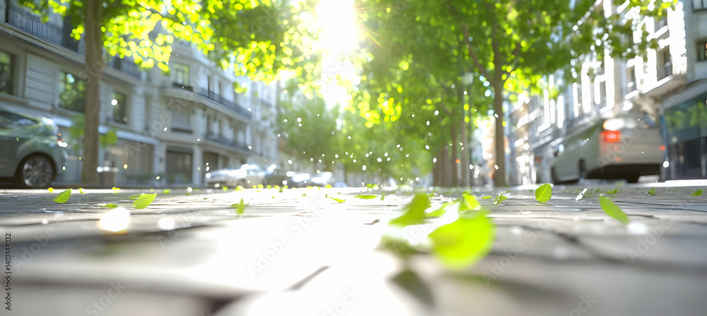 Sunny European Street with Green Leaves Falling on Pavement Between Buildings with Cars and Trees during Daylight
